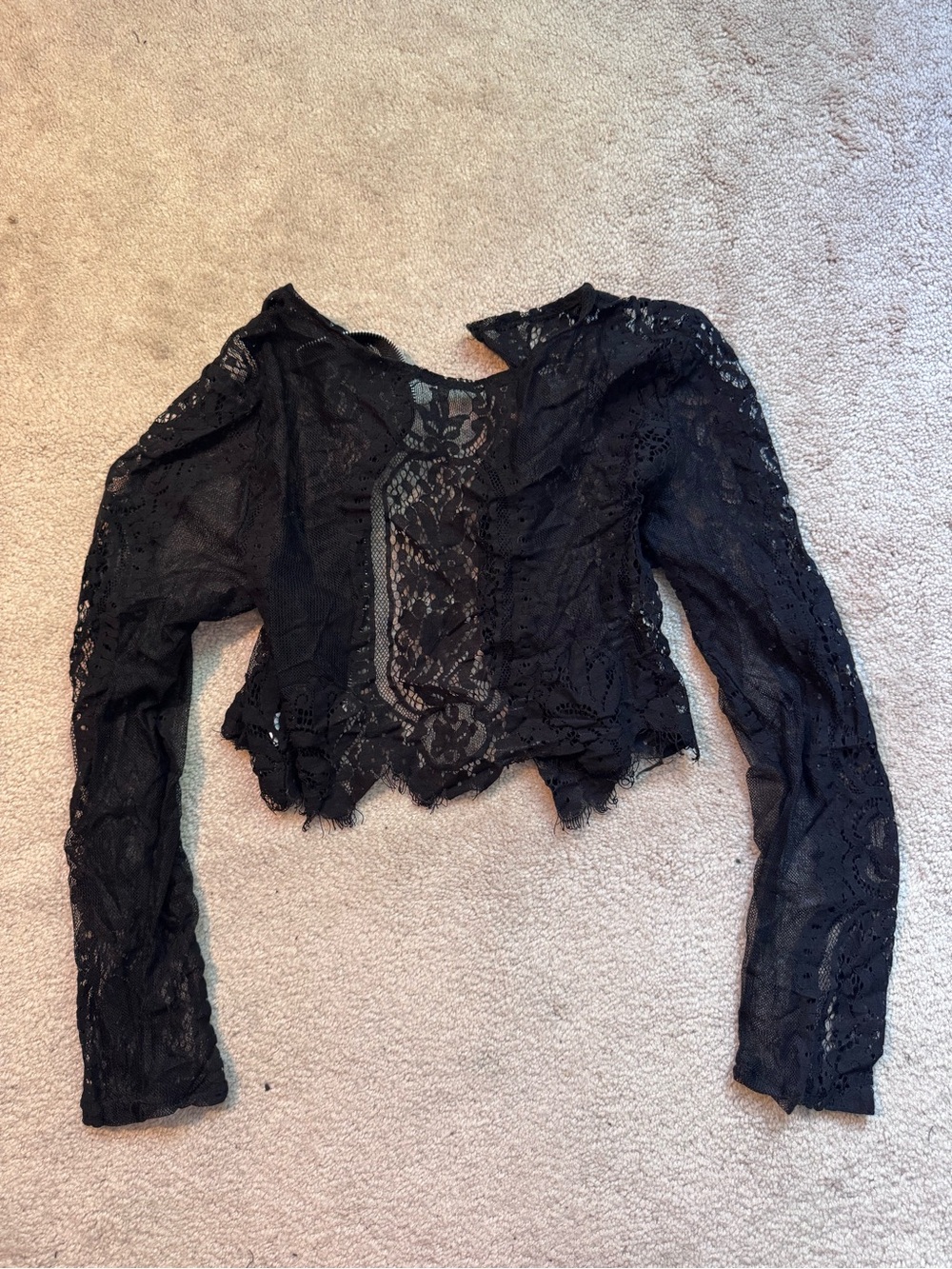 Black Lace Long-Sleeve Crop Top - Women
